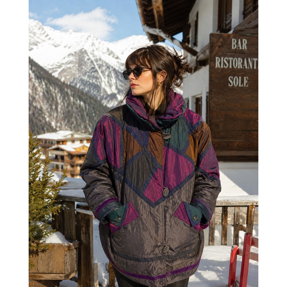 Vintage 90s Colorblock Quilt Lined Coat Art‎ Deco Geometric Jacket Dopamine